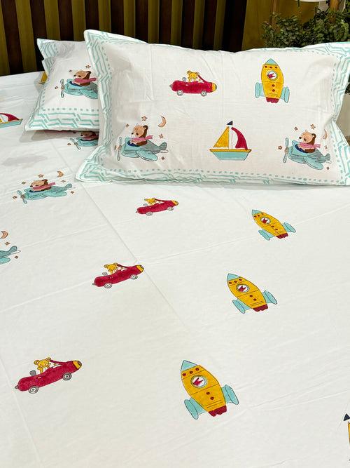 Transport Blockprint Cotton Bedsheet