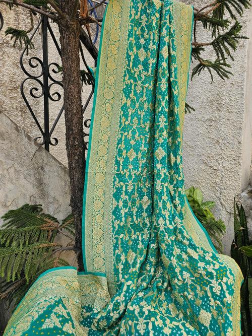 Turquoise Pure Banarsi Georgette Bandhani Dupatta