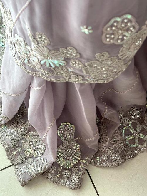 Light Lavender Georgette saree embellished with machine embroidery