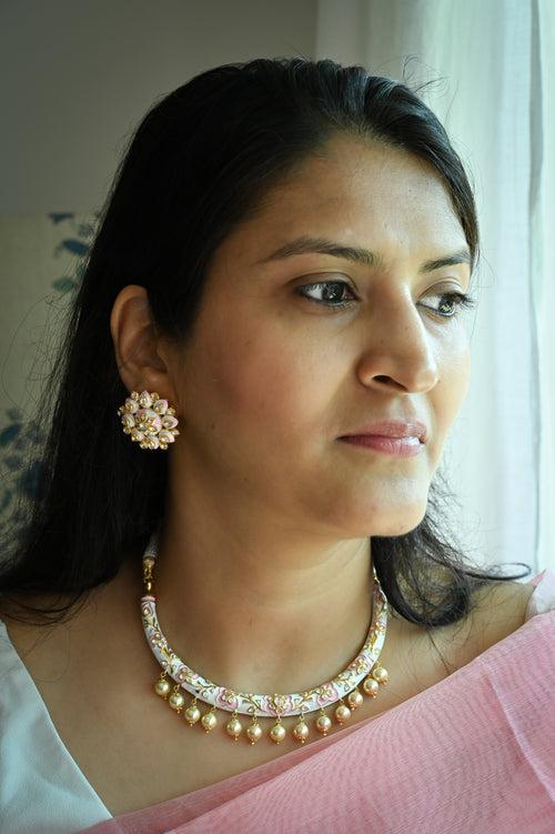 White and Pink Handcrafted 92.5 Silver Meenakari Hasli with Earrings