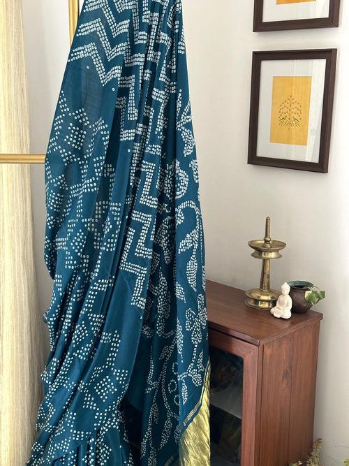 Blue Floral Pure Gajji Silk Bandhani Saree