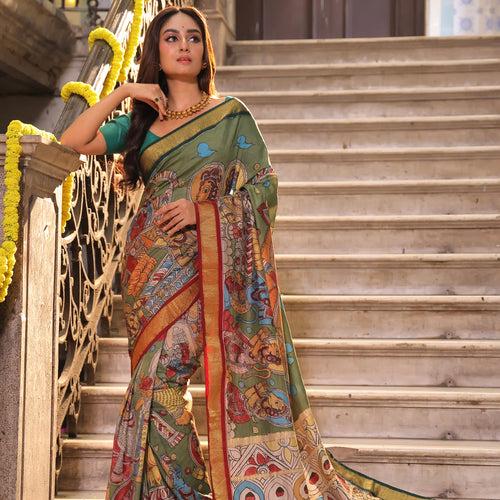 Jai SitaRam Theme Pure Kanjivaram Silk Kalamkari Saree