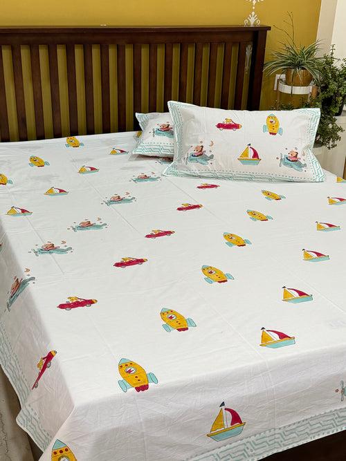 Transport Blockprint Cotton Bedsheet