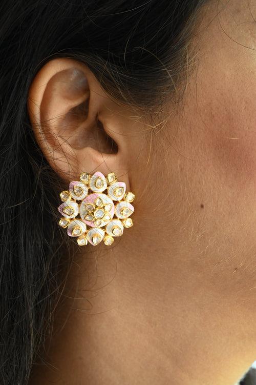 White and Pink Handcrafted 92.5 Silver Meenakari Hasli with Earrings