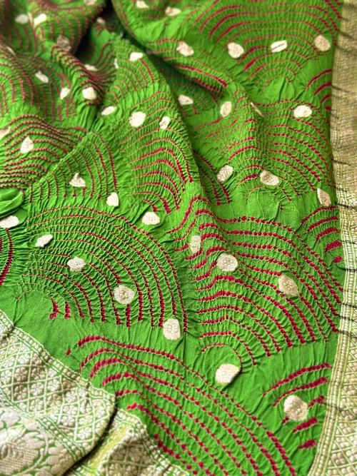 Green Exclusive Handloom Pure Banarsi Georgette Bandhani Saree