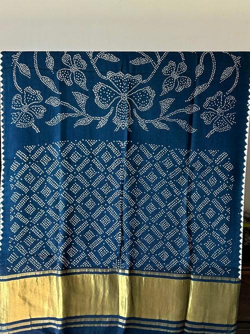 Blue Floral Pure Gajji Silk Bandhani Saree