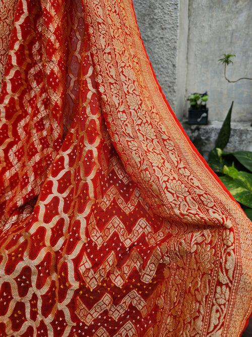 Reddish Orange Pure Banarsi Georgette Bandhani Dupatta