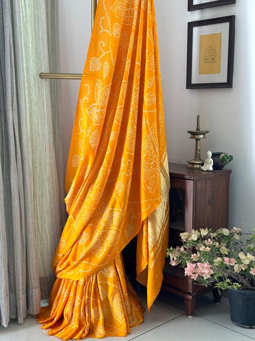 Orangish Yellow Floral Pure Gajji Silk Bandhani Saree