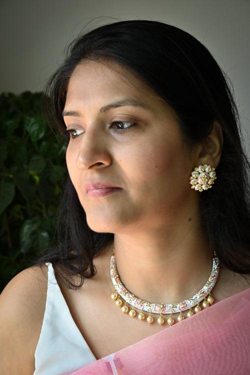 White and Pink Handcrafted 92.5 Silver Meenakari Hasli with Earrings