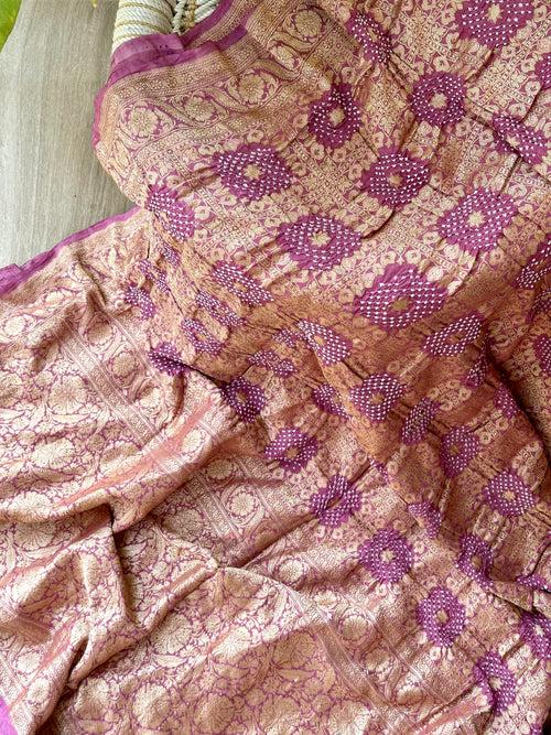 Shade of Mauve Exclusive Handloom Pure Banarsi Silk Bandhani Saree