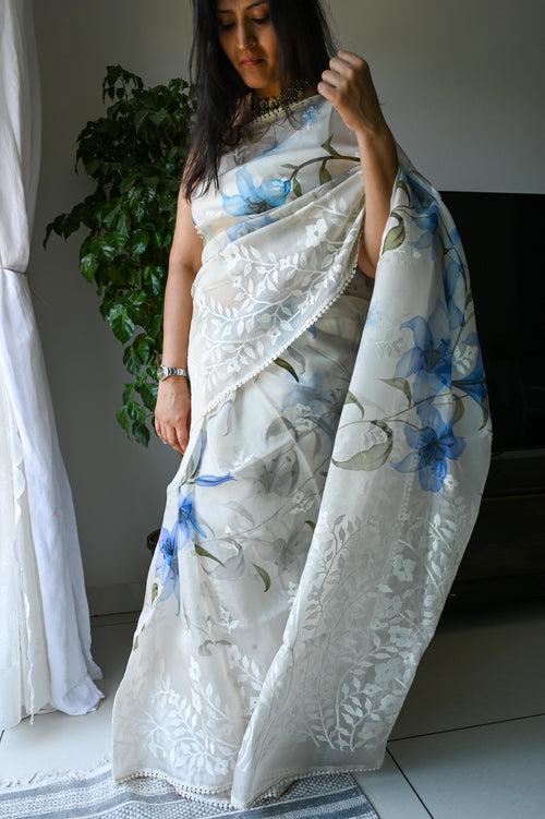 Organza Silk Printed Saree with Machine Embroidery