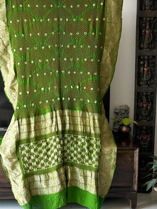 Green Exclusive Handloom Pure Banarsi Georgette Bandhani Saree