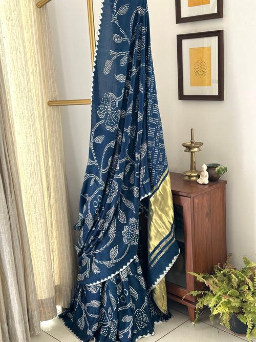 Blue Floral Pure Gajji Silk Bandhani Saree