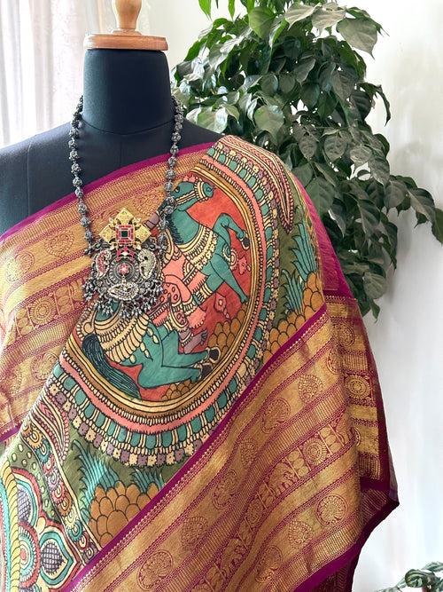 Dashavtaram Theme Pure Kanjivaram Silk Kalamkari Saree