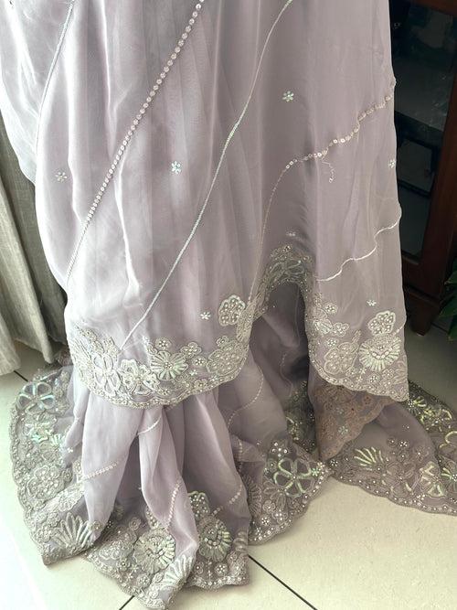 Light Lavender Georgette saree embellished with machine embroidery