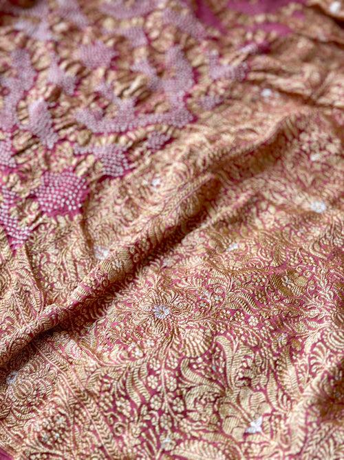 Shade of Old Rose Exclusive Handloom Pure Banarsi Georgette Bandhani Saree