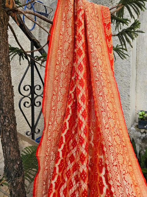 Reddish Orange Pure Banarsi Georgette Bandhani Dupatta