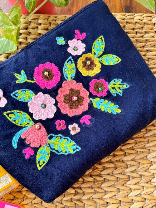 Large Embroidered Multipurpose Velvet Quilted Pouch/ Bag