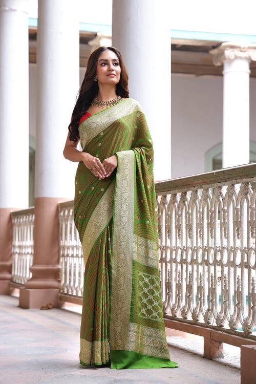 Green Exclusive Handloom Pure Banarsi Georgette Bandhani Saree