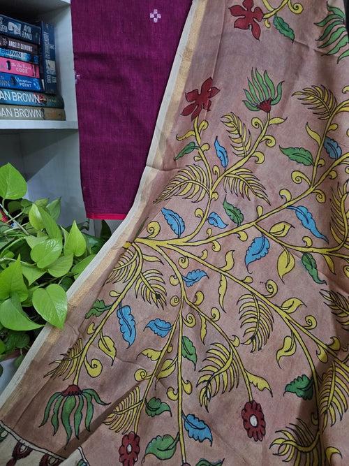 Handloom Mulmul Jamdani Fabric With Bangalore Silk Kalamkari Dupatta.