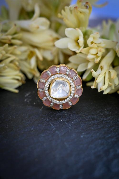 Handcrafted Adjustable 92.5 Silver Ring with Moissanite polki and Imitation Rose Quartz