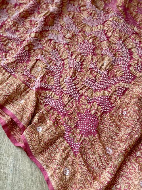 Shade of Old Rose Exclusive Handloom Pure Banarsi Georgette Bandhani Saree