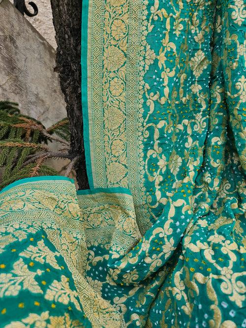 Turquoise Pure Banarsi Georgette Bandhani Dupatta