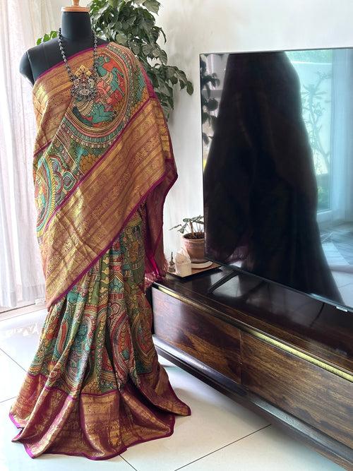 Dashavtaram Theme Pure Kanjivaram Silk Kalamkari Saree