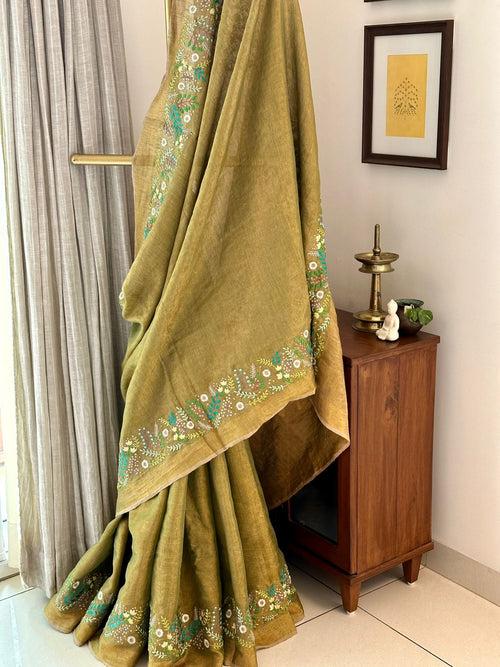 Mehendi Green And Gold Handloom Tissue Linen Saree with Machine Embroidery