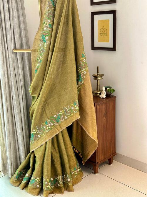 Mehendi Green And Gold Handloom Tissue Linen Saree with Machine Embroidery