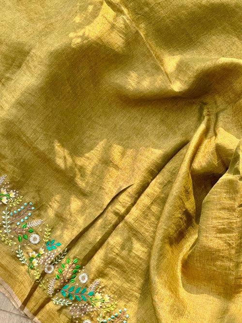 Mehendi Green And Gold Handloom Tissue Linen Saree with Machine Embroidery