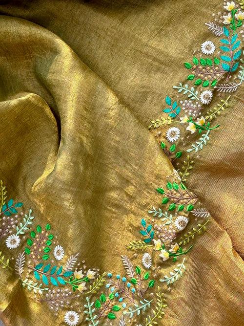 Mehendi Green And Gold Handloom Tissue Linen Saree with Machine Embroidery