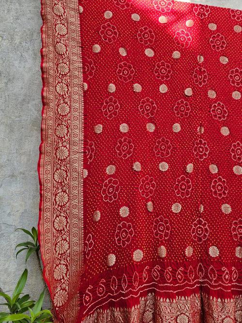 Red Pure Banarsi Georgette Rai Bandhani Dupatta