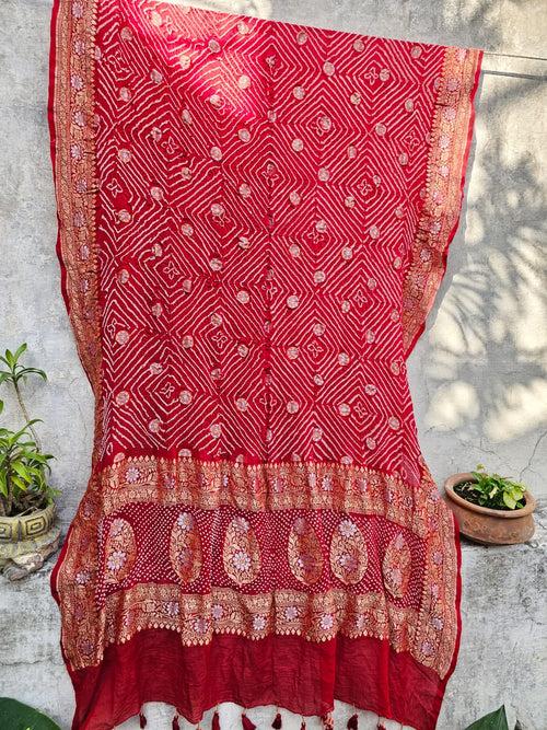 Rosy Red Pure Banarsi Georgette Rai Bandhani Dupatta