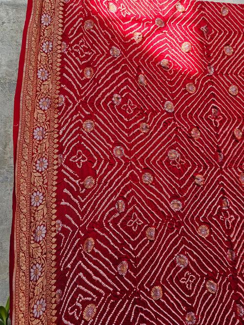 Rosy Red Pure Banarsi Georgette Rai Bandhani Dupatta