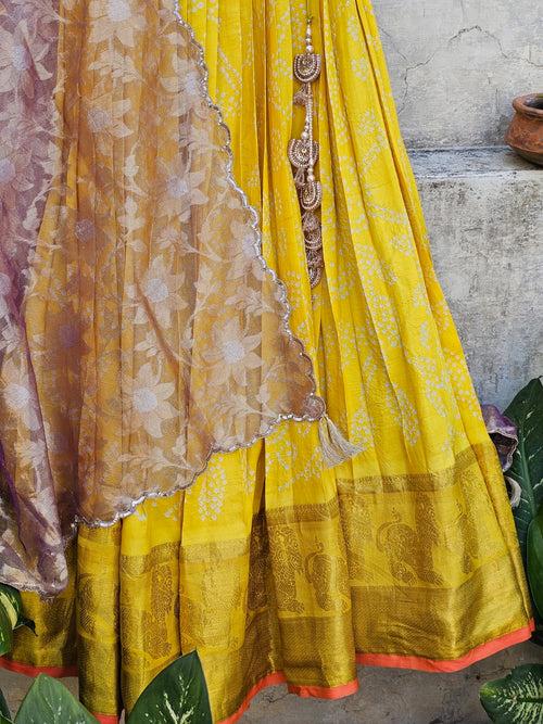 Pure Handloom Kanjeevaram Silk Bandhani Lehenga With Tissue Dupatta