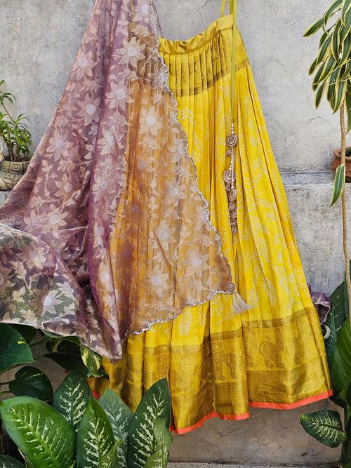 Pure Handloom Kanjeevaram Silk Bandhani Lehenga With Tissue Dupatta