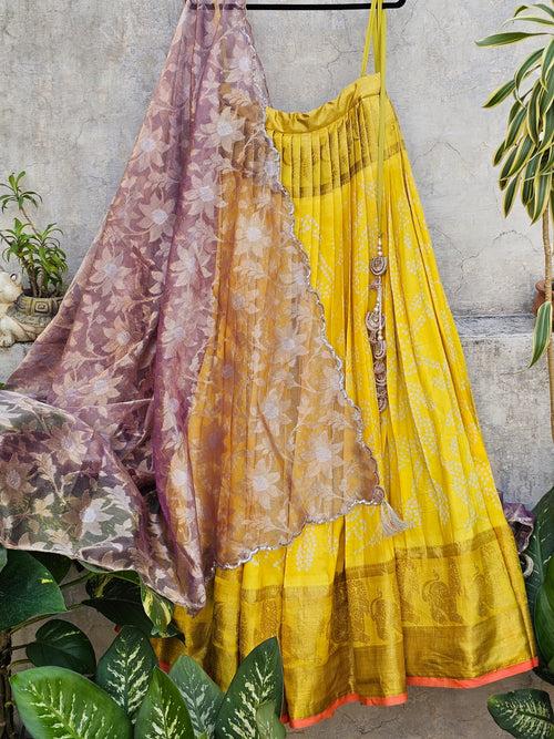 Pure Handloom Kanjeevaram Silk Bandhani Lehenga With Tissue Dupatta