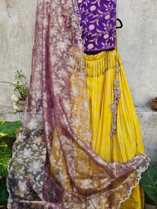 Pure Handloom Kanjeevaram Silk Bandhani Lehenga With Tissue Dupatta