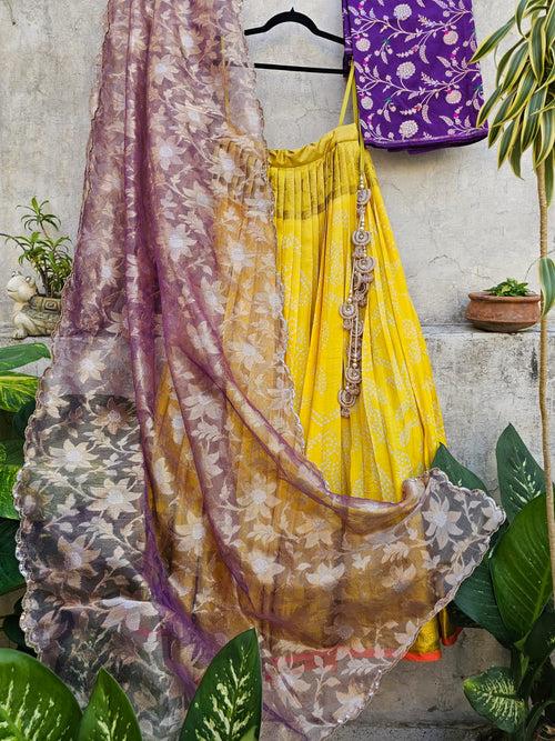 Pure Handloom Kanjeevaram Silk Bandhani Lehenga With Tissue Dupatta