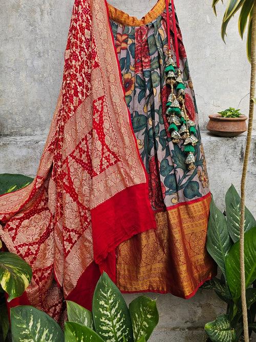 Grey Base Floral Theme Kanchi Pattu Kalamkari Lehenga