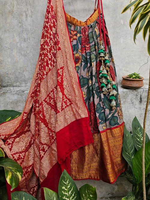 Grey Base Floral Theme Kanchi Pattu Kalamkari Lehenga