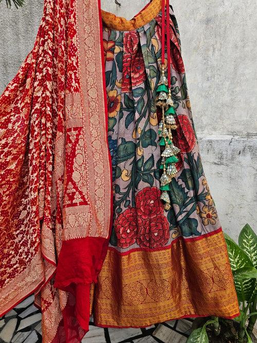 Grey Base Floral Theme Kanchi Pattu Kalamkari Lehenga