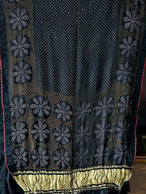 Black Floral Pure Gajji Silk Bandhani Saree