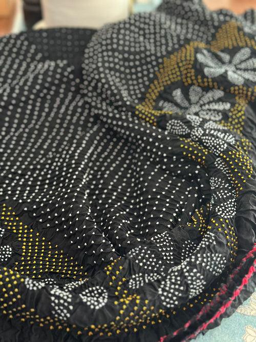 Black Floral Pure Gajji Silk Bandhani Saree