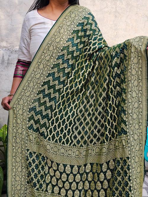 Green Pure Banarsi Georgette Bandhani Dupatta