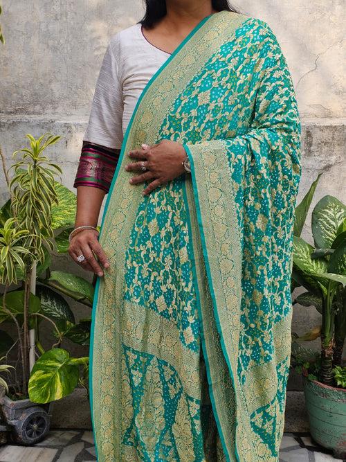 Turquoise Pure Banarsi Georgette Bandhani Dupatta