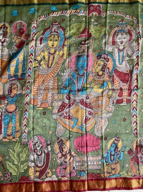 Jai SitaRam Theme Pure Kanjivaram Silk Kalamkari Saree