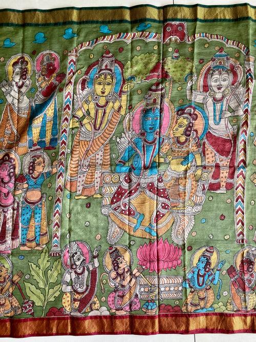 Jai SitaRam Theme Pure Kanjivaram Silk Kalamkari Saree