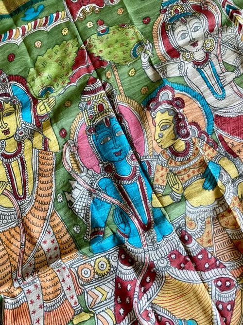 Jai SitaRam Theme Pure Kanjivaram Silk Kalamkari Saree